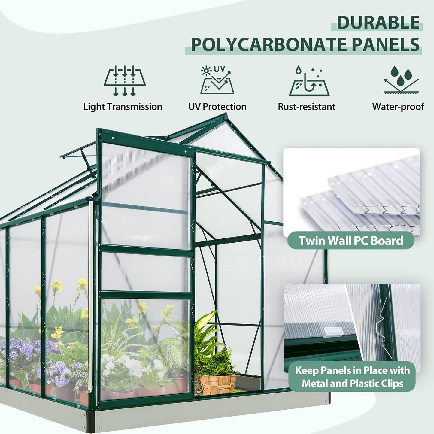 EAGLE PEAK 6x6x7 Outdoor Walk-in Hobby Greenhouse with Adjustable Roof Vent and Rain Gutter, Base and Anchor, Polycarbonate Aluminum Green House for Backyard Garden, Dark Green