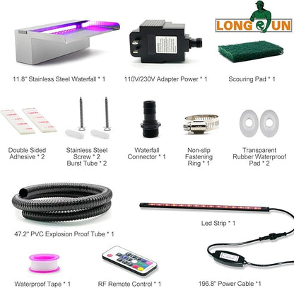 LONGRUN Waterfall Spillway Stainless Steel Pond Waterfalls with Color Changing LED Light, Outdoor Pool Fountain Water Spillway Waterfall Kit for Garden Patio Swimming Pool Koi Ponds Decoration-11.8"