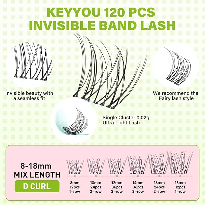 KEYYOU Fairy Venus Lash Clusters Manga Lash Extension C Curl 120Pcs Eyelash Extension Wispy Natural Invisible Band Lash with Waterproof DIY Lash Extension at Home(Venus-C-8-18MIX)