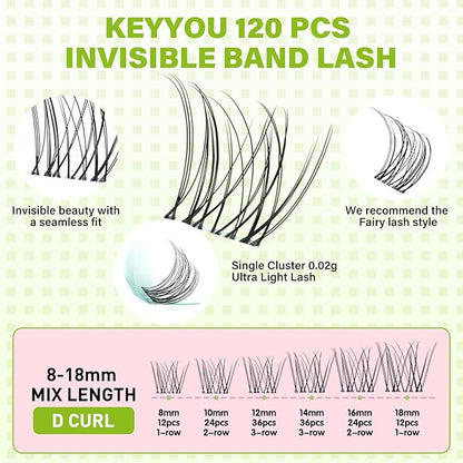 KEYYOU Fairy Venus Lash Clusters Manga Lash Extension C Curl 120Pcs Eyelash Extension Wispy Natural Invisible Band Lash with Waterproof DIY Lash Extension at Home(Venus-C-8-18MIX)