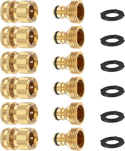 FINEST+ Garden Hose Quick Connector, Solid Brass 3/4 Inch Thread Fitting No-Leak Water Hose Female and Male Easy Connect (6 Sets)