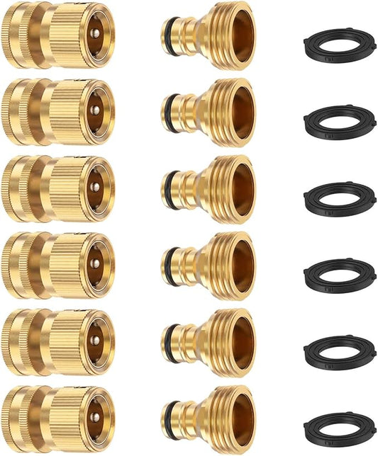 FINEST+ Garden Hose Quick Connector, Solid Brass 3/4 Inch Thread Fitting No-Leak Water Hose Female and Male Easy Connect (6 Sets)