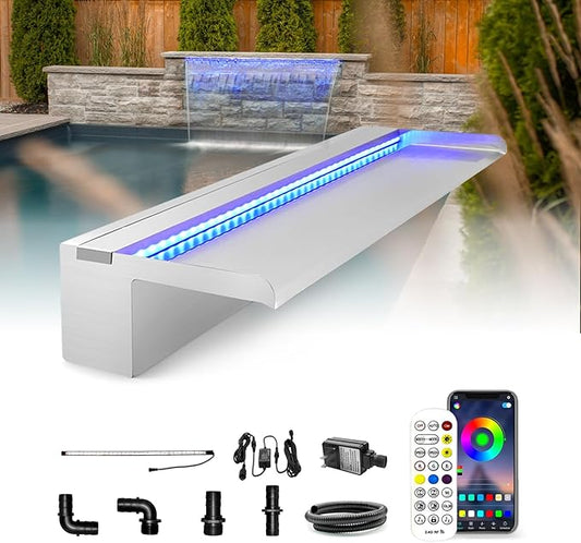 LONGRUN Stainless Steel Waterfall Spillway, APP Control Multi-Color LED Light Outdoor Pool Fountain, Water Spillway Koi Pond Waterfalls Fountains Kit for Garden Patio Swimming Pool Decoration-23.6"