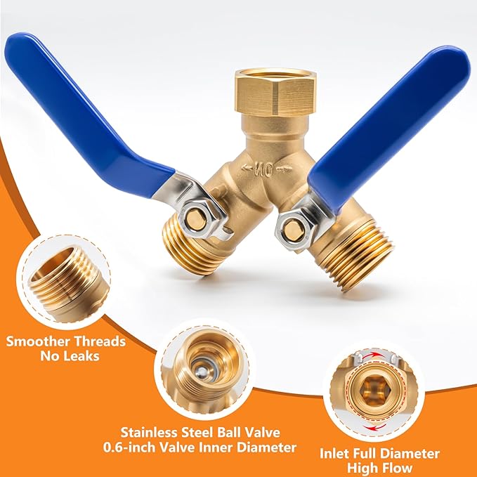 Brass Hose Splitter 2 Way Heavy Duty Garden Hose Splitter with 304 Stainless Steel Long Handle Outdoor Full Flow Hose Splitter Connector Brass Y-Valve Water Garden Hose Adapter 3/4" GHT Threads