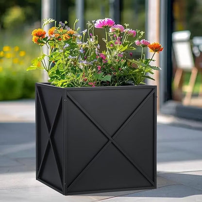 SUNNYPARK Large Metal Planter Box 17”x 17”x 18”, Square Modern Black Metal Planter Box Heavy Duty with Drainage Holes for Outdoor Garden Patio