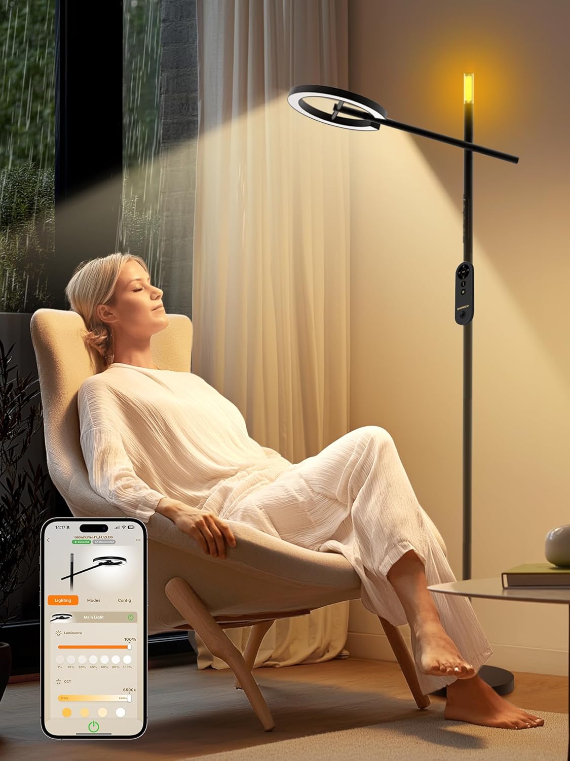 GLOWRIUM Smart Wake Up Light Therapy Lamp with App, 10000 Lux Full-Spectrum Happy Therapy Light, UV-Free Sun Lamp, Circadian Rhythm, Remote, Timer, Cozy Light Settings for Winding Down