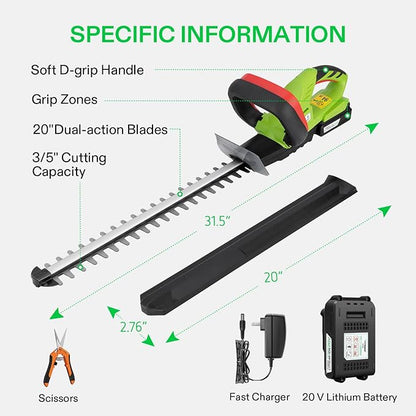 VIVOSUN 20" Cordless Hedge Trimmer, 20V Electric Bush Trimmer, 1400 RPM Shrub Trimmer, Dual-Action Laser Blade, 3/5" Cutting Capacity, Lightweight & Compact Trimmer, Battery and Fast Charger Included