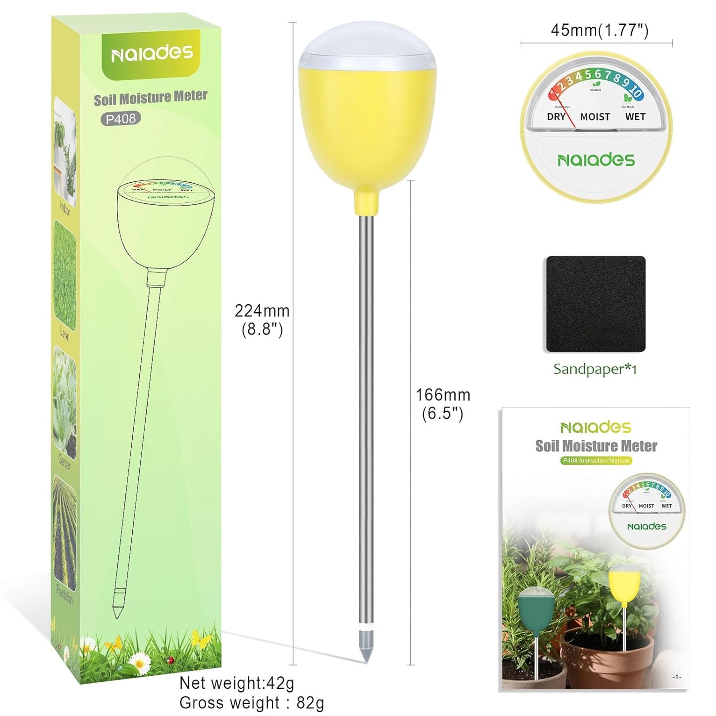 Soil Moisture Meter for Plant No Power Required Soil Hygrometer Plant Water Meter for Indoor and Outdoor Hous Plants, Garden, Farm, Lawn - Yellow