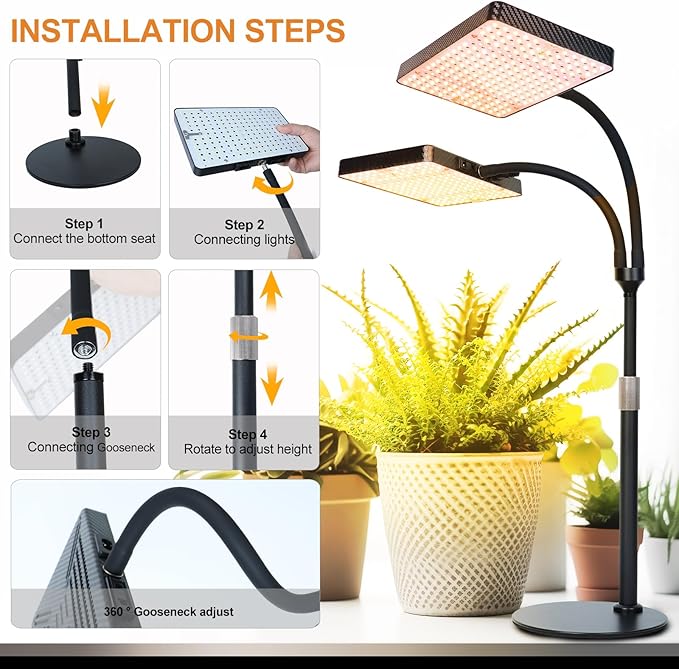 50W Table Top Grow Lights for Indoor Plants, Seed Starting, Bonsai with Timer Auto On/Off, 5000 Lumen Enough Bright Like A Small Sun for Your Jungle, Daisy Chain Function, 16"-24" Height Adjustable