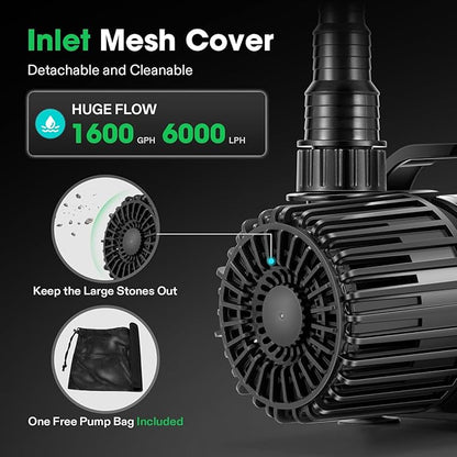VIVOSUN 1600 GPH Submersible Water Pump with Barrier Bag, 100W Pond Pump, Ultra Quiet Aquarium Pump with 14FT. Lift Height for Pond, Waterfall, Fish Tank, Statuary, Hydroponic