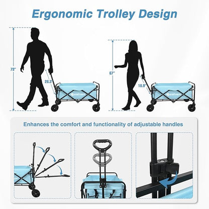 Yesker Foldable Wagon - 220lbs Collapsible Garden Carts with All Terrain Wheels for Outdoor Camping Sports Shopping Gardening - Heavy Duty Portable Utility Trolley (Blue)