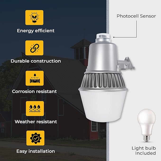 Touch & Glow Security Area Light – Ultra Bright Dusk to Dawn High-Pressure Fluorescent Light with Photocell for Outdoor Safety | Heavy Duty Wall Mount, EZ-FLA30 with LED Bulb