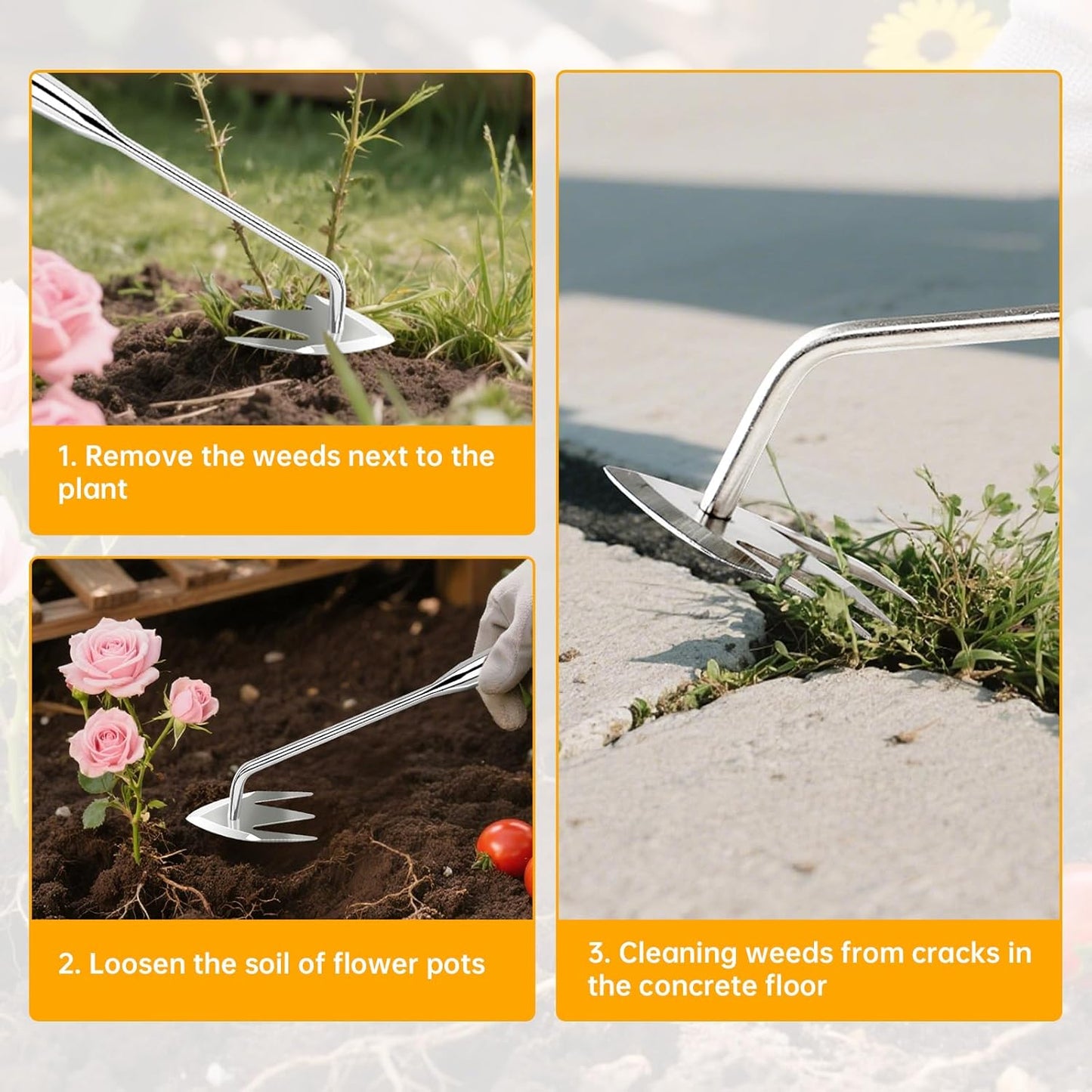 Manual Weed Remover Tool for Lawn and Garden, Heavy-Duty Weed Puller Tool 3-Tooth with Ergonomic Handle, Uprooting Weeding Tool for Gardening Backyard Farm