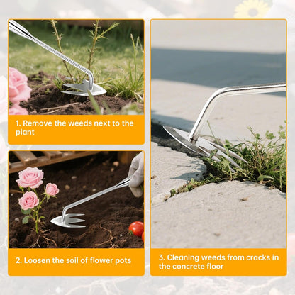 Manual Weed Remover Tool for Lawn and Garden, Heavy-Duty Weed Puller Tool 3-Tooth with Ergonomic Handle, Uprooting Weeding Tool for Gardening Backyard Farm