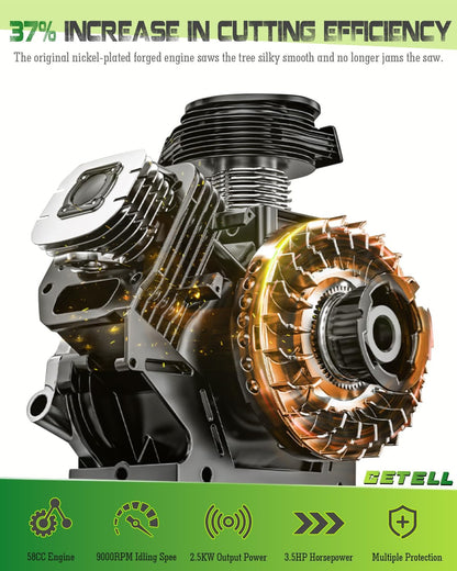 Professional 58cc Gas Powered Chainsaw with Quick-Switch Dual Bar 18/20 Inch System – Heavy Duty Chain Saw with Easy-Start for Tree Cutting, Limbing & Farm Use (GEL9902)