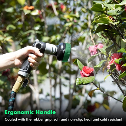 RESTMO 2-IN-1 Garden Hose Nozzle, Heavy Duty Metal Water Hose Nozzle with 4 Spray Patterns, Magic Twist and Thumb Flow Control, Ideal for Watering Plants & Lawns, Washing Cars & Pets, Green