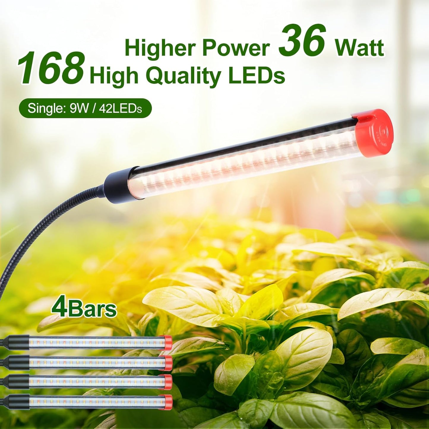 4-Head Desk Grow Lights for Indoor Plants, Seed Starting, Bonsai, Succulent, Cactus with Timer, 36W Table Top LED Plant Growing Lamps, Enough High-Intensity Like Sun, Best Gift for Plants Lover