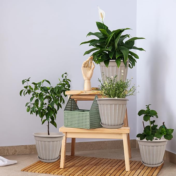 FGstyle 12 Inch Pots for Plants,4 Pack Tall Planters,Large Flower Pots with Drainage Hole & Saucer,Decorative Outdoor Planter for Planting Medium Large Plants(Beige