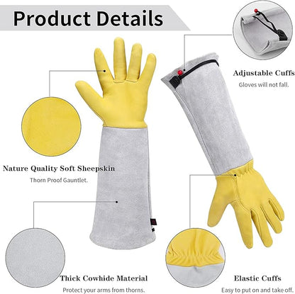 Gardening Gloves for Women/Men - Adjustable Cuff Goatskin Leather Elbow Long Sleeve Garden Gloves Gauntlet Puncture Thorn Proof Cactus Planting Rose Pruning Gloves Protective Work Gardener Gifts
