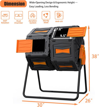Compost Bin, 45 Gallon Dual Chamber Composter Tumbler, 360 Rotating Compost Bin Outdoor BPA-Free Fast-Working Tumbling Compost Barrel, Large Composting Bin Kitchen Garden Compost Tumbler