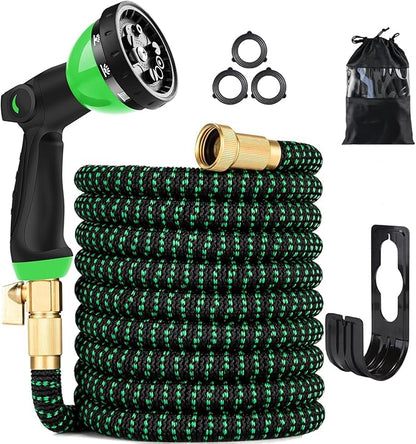 100 ft Expandable Garden Hose - Kink Free Flexible Water Hose with Thumb-Controlled 10-Function Nozzle, 3/4 Solid Brass Connectors, Retractable Latex Core - Lightweight Expanding Hose