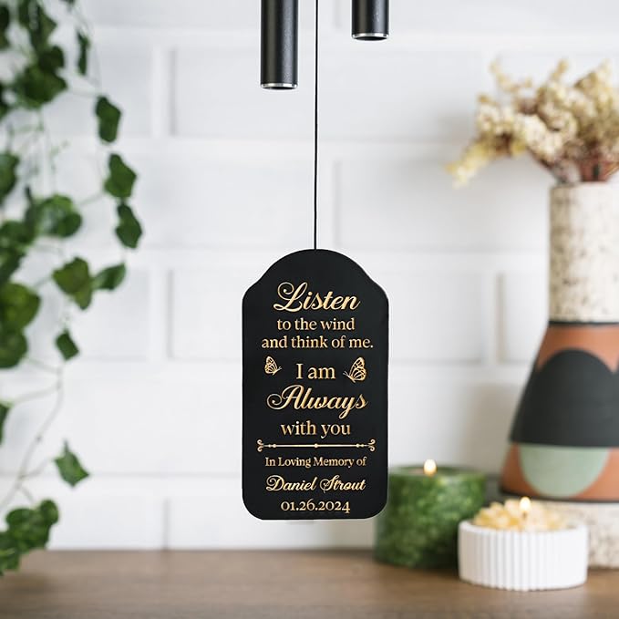 Memorial Wind Chime Personalized with Name & Date, in Loving Memory - Sympathy Gifts - Keepsake Loss of Beloved One - Listen to The Wind and Think of Me Wind Chime - Black