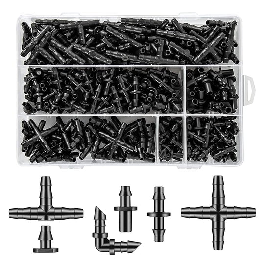 300 Pcs Barbed Connectors Drip Irrigation Fittings Kit, 1/4" Drip Irrigation Kit for Garden Flower Pot Greenhouse Lawn (Straight Barbs,Single Barbs,Tees,Elbows,End Plug,4-Way Coupling)