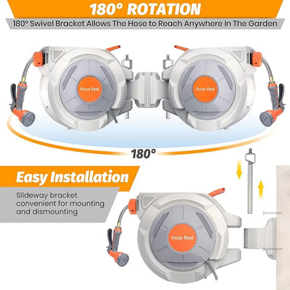 GarveeLife Retractable Garden Hose Reel 5/8 in x 65 Ft, Wall Mounted Garden Hose Reel, with 9 Function Sprayer Nozzle, Any Length Lock, Lock/Automatic Slow Return System, 180° Swivel Bracket(Grey)