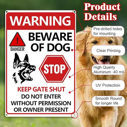Beware of Dog Sign 2PCS - Beware of Dogs Signs for Fence, Do Not Enter Signs Keep Gate Closed, Stop Danger Warning Reflective Tin Decoration for Garden Yard Wall Metal Decor 11.8x7.9 Inches