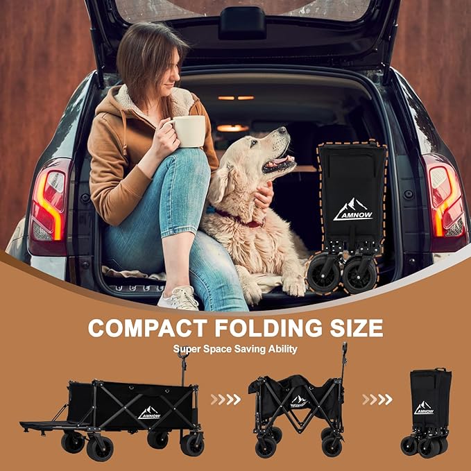 Collapsible Beach Wagon Cart with Big Wheels, 440LBS Upgrade Large Capacity Folding Wagon, Foldable Grocery Cart with Side Pocket and Brakes, Ideal for Sand Camping Outdoor Garden Sports, Black