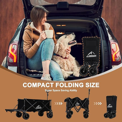 Collapsible Beach Wagon Cart with Big Wheels, 440LBS Upgrade Large Capacity Folding Wagon, Foldable Grocery Cart with Side Pocket and Brakes, Ideal for Sand Camping Outdoor Garden Sports, Black