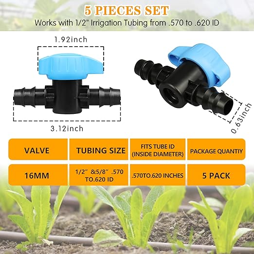 5 Pack 1/2 Inch Drip Irrigation Valve: 1/2 in. in-Line Shut Off Valves for 1/2 Inch Drip Irrigation Tubing (.570-.620" ID) Barbed Cut Off Switch Valve for Garden Irrigation System