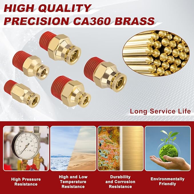 50pcs Quick Push to Connect Fittings Brass Male Straight Combination 1/4 3/8 DOT Air Line Fittings Kit 1/4 3/8 Tube Fitting DOT Approved Air Brake System Air Suspension Kit Air Hose Repair Kit