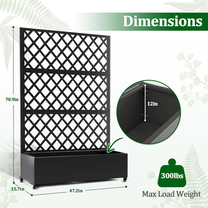 Metal Raised Garden Bed with Trellis and Wheels, 2 in 1 Trellis with Planter Box & Privacy Screen for Climbing Plants, Outdoor Standing Flower Beds with Drainage Holes, 47.2''L×15.7''W×70.9''H, Black
