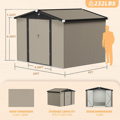 10x8 FT Outdoor Storage Shed,Metal Tool Sheds,Waterproof Outside Storage Shed,Large Storage Building with Lockable Door