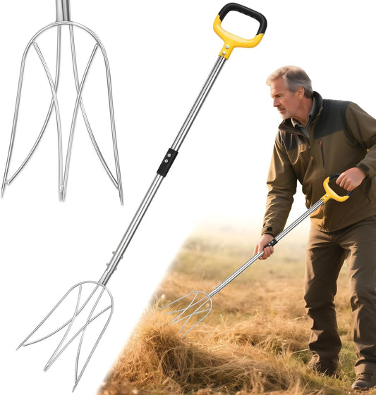 Pitchfork for Gardening, 48.5" Extendable Stainless Steel Garden Pitchfork with Handle, Suitable for Digging, Fertilizing, Transplanting, Multifunctional Garden Fork - 3 Tines