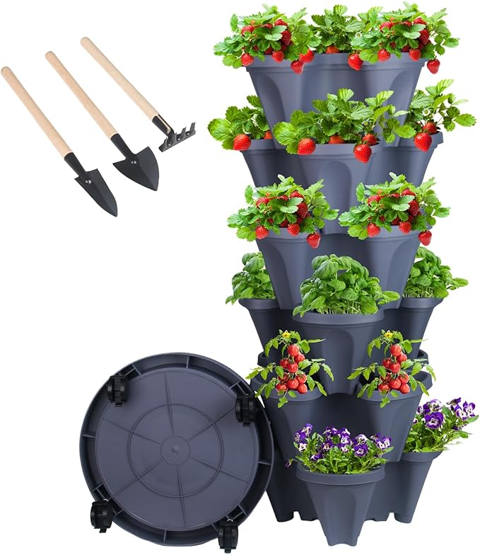 Vertical Planter 6 Tier Stackable Planters Garden Planters Strawberry Herb Flower and Vegetable Planter Indoor Outdoor Gardening Pots with Removable Wheels and Tools