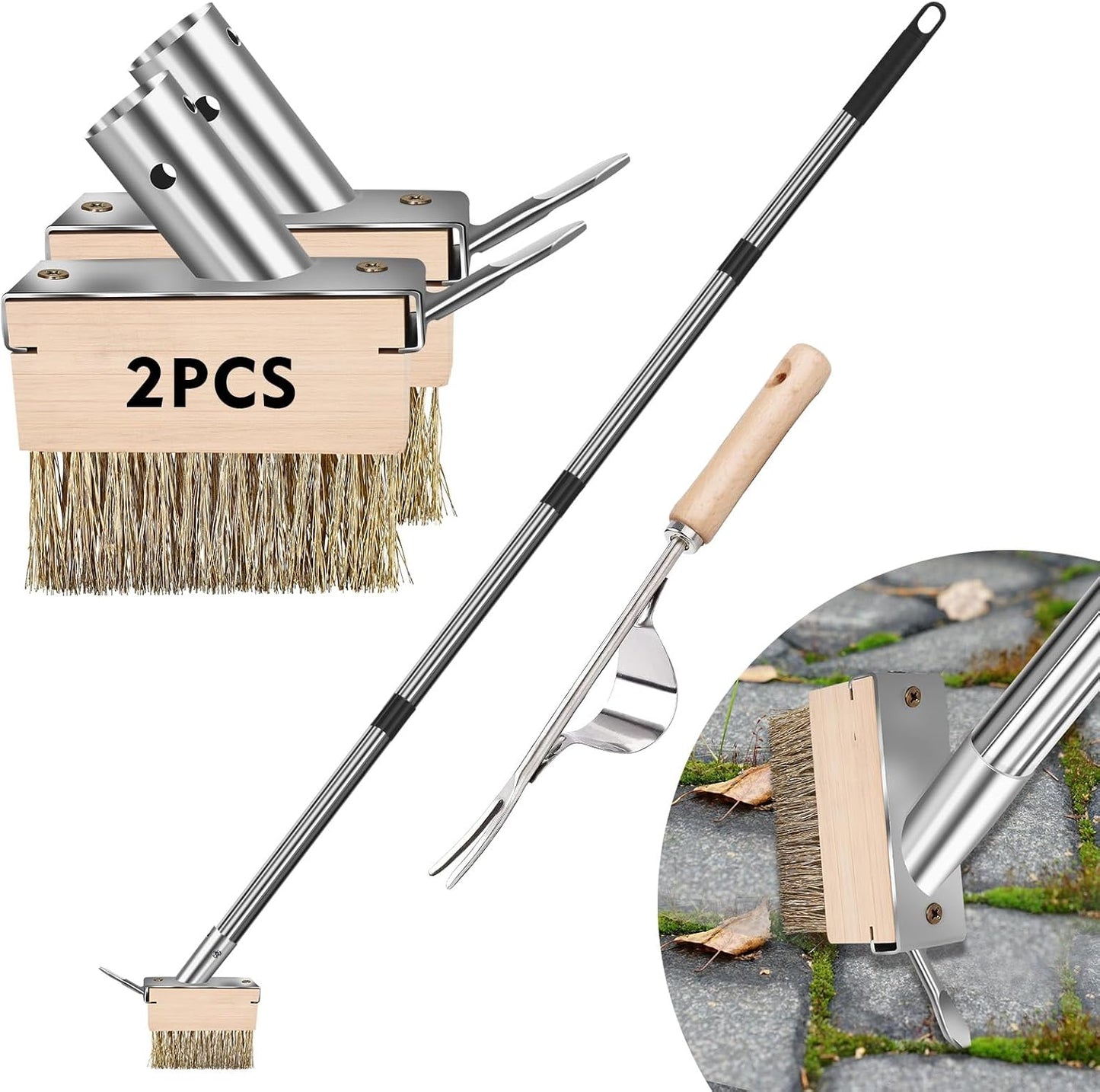 mcwdoit Crack Weeder Tool, Weed Puller Tool with 2 Heads&Scraping Hook, Paver Weeding Moss Remover Brush with Steel Handle for Cleaning Paving Joint Sidewalk Patio Stone Driveway Deck Black