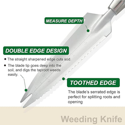 SUMIO 13.3" Alloy Steel Garden Trowel with Forked Tip and Depth Markings, Weeding Knife for Root Cutting, Transplanting, Digging, and Slit Weeding