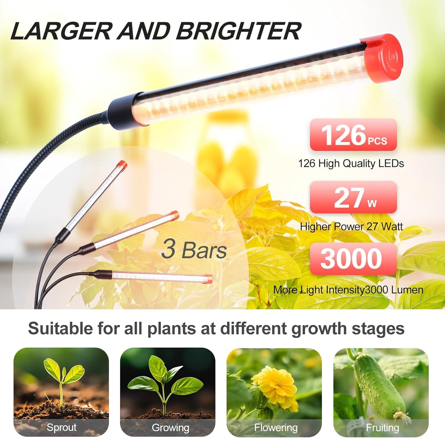 3-Head Table Top Grow Lights for Indoor Plants, Seed Starting, Bonsai with Timer, 27W Power Home Plug, FECiDA 2025 Full Spectrum Plant Growing Lamps, 16"-24" Height Adjustable