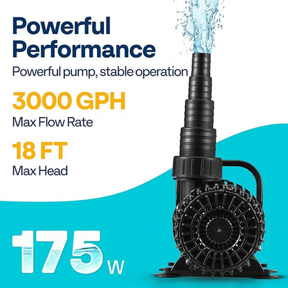 VIVOHOME 175W 3000GPH Submersible Water Pump with 180° Seamless Adjustable Nozzle and Barrier Bag for Koi Pond Waterfall Fountains Fish Tank