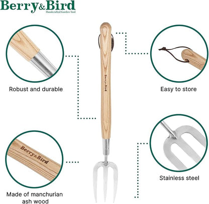 Berry&Bird Gardening Hand Fork, 22.6 Inches Long Handled Stainless Steel Weed Fork, Traditional Garden Hand Fork Tool with Ergonomic Ash Wood Handle for Weeding, Digging, Planting and Cultivating