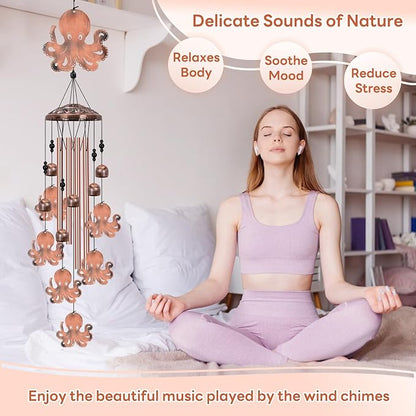 Octopus Wind Chimes for Outside, Large Octopus Gifts for Women, Marine Animal Wind Chime, Metal Octopus Decor, 40" Outdoor Garden Decor for Lawn, Porch, Patio, Yard