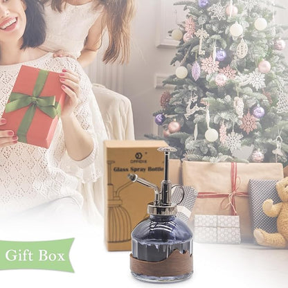 OFFIDIX Glass Plant Mister, 6.3 Inches Tall Vintage Style Spritzer Bronze Plastic Top Pump One Hand Watering Can Indoor Plant Spray Bottle for Garden, Plants, Cleaning (Distant Hill)