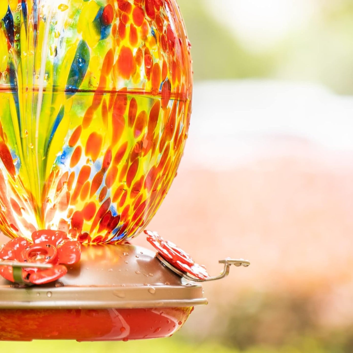 Muse Garden Glass Humming Bird Feeders for Outdoors - 27OZ Blown Glass Hummingbird Feeder - Unique Gift for Mom Bird Lovers Women, Outdoors Hanging Garden Decor, Includes Ant Moat & Brush, Red Phoenix