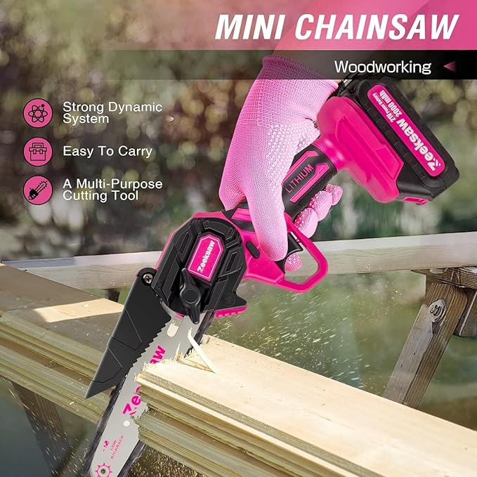 Pink Mini Chainsaw Cordless 6 inch - Electric Hand Held Chain Saw Battery Powered with Power Indicator - Rechargeable Portable Small Chainsaw for Women, Yard Tools Gifts for Gardeners Woman