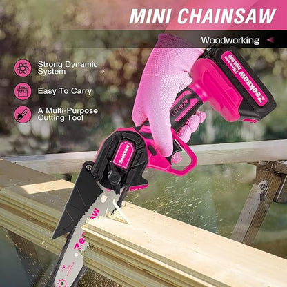 Pink Mini Chainsaw Cordless 6 inch - Electric Hand Held Chain Saw Battery Powered with Power Indicator - Rechargeable Portable Small Chainsaw for Women, Yard Tools Gifts for Gardeners Woman
