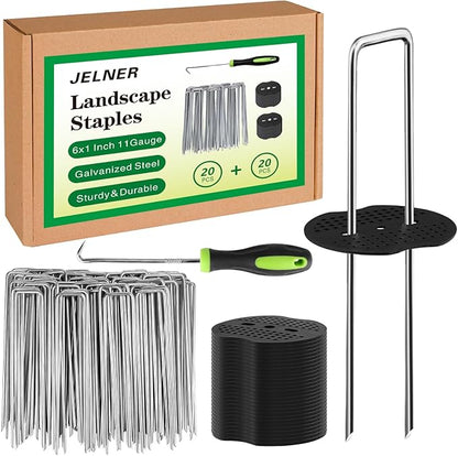 Garden Stakes,6 Inch 11 Gauge 20pcs Galvanized Landscape Staples + 20pcs Gaskets + 1Pick Hook, Tent Stakes Landscaping Fabric SOD Pins for Weed Fabric Barrier,Groud Cover,Fence