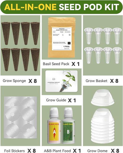 Hydroponics Seed Pod with Genovese Basil & Purple Basil, 8 Pods Complete Kit with Sponge, Basket, Dome, Label, Compatible with AeroGarden, Ahopegarden, GARDENCUBE, iDoo & MUFGA Indoor Smart Gardens