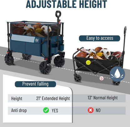 TIMBER RIDGE Foldable Wagon 350L Extendable Height, Large Capasity Collapsible Wagon Cart with All Terrians Detachable Wheels, Compact Folding Utility Wagon for Camping, Fishing, Shopping Navy